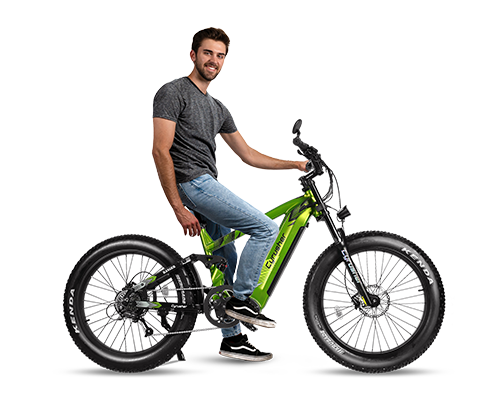 Person sitting alongside the Ranger Mountain All Terrain Air shock Ebike