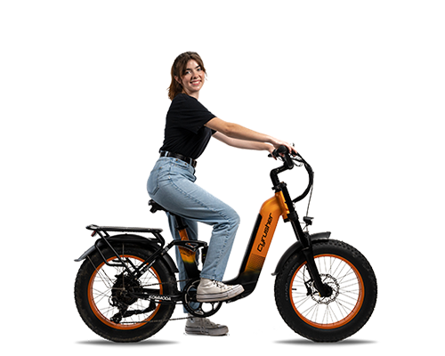 Person sitting alongside the Kommoda Step-through Ebike