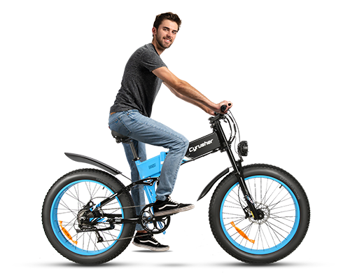 Person sitting alongside the Cyrusher Bandit Full Suspenison Folding Ebike | 750W 17Ah