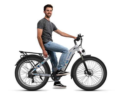 Person sitting alongside the Kuattro Mountain Step-through Ebike
