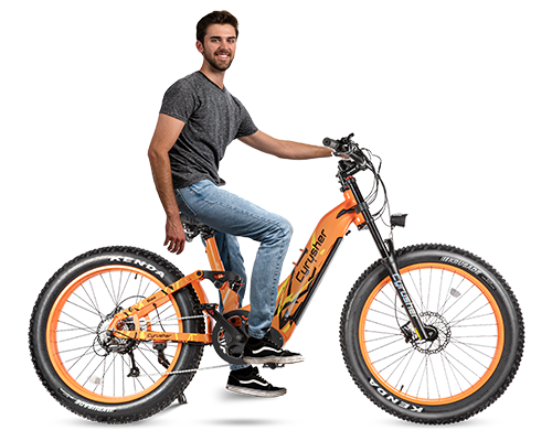 Person sitting alongside the Trax 52V Step-through All-Terrain Full Suspension Air-shock Ebike | 750W 20Ah