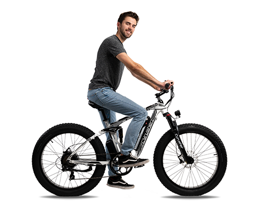Person sitting alongside the XF800 Full Suspension Ebike | 750W 13Ah