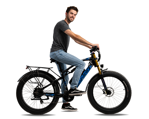 Person sitting alongside the XF900 Mountain Motorcycle-Style Ebike