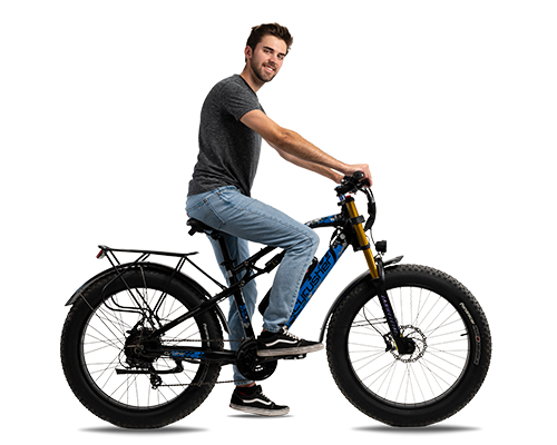 Person sitting alongside the XF900 Motorcycle-Style Ebike | 750W 17/20 Ah