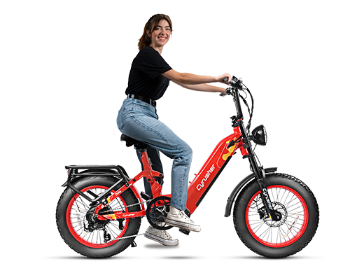 Person sitting alongside the Ovia Step-through Air Shock Ebike